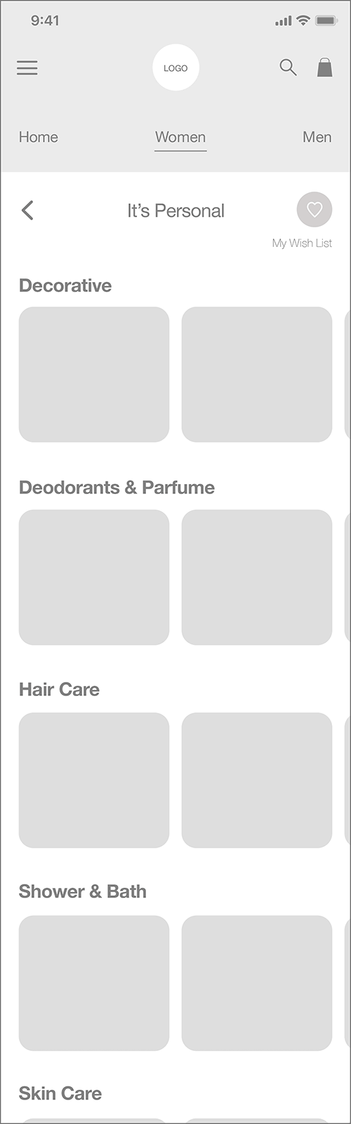 Mid-Fid Wireframe Personal Care